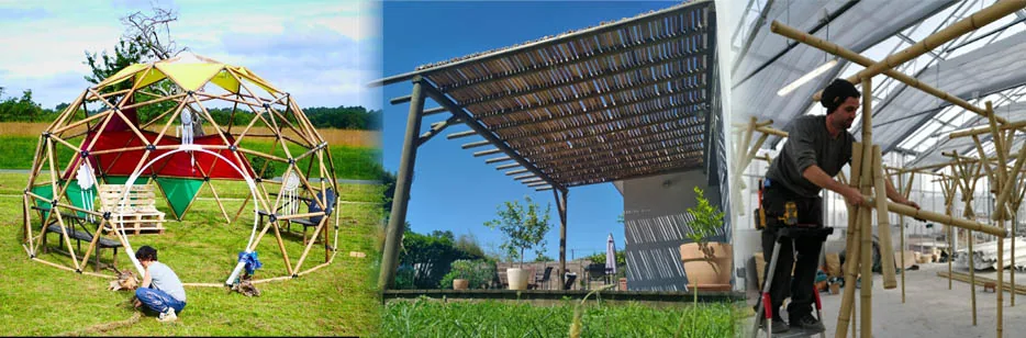Dôme géodésique habillé, pergola et atelier de montage en bambou